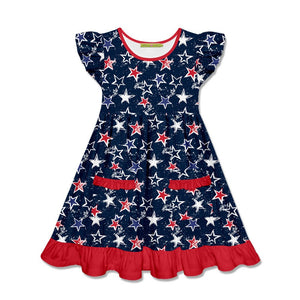 Kids Navy Red Stars Patch - Pocket Angel - Sleeve Dress - Millieloveslily.com