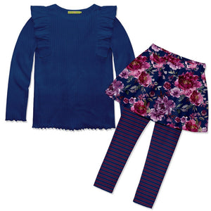 Kids Navy Ribbed Ruffle Long-Sleeve Top & Floral Skirted Leggings - Millieloveslily.com