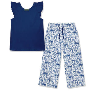 Kids Navy Ribbed Top & Bows Wide Leg Pants Set - Millieloveslily.com