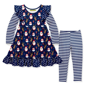 Kids Navy Santa & Deer Angel Sleeve Dress & Stripe Leggings - Millieloveslily.com