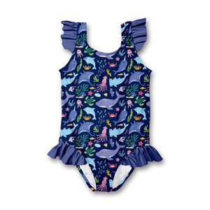 Kids Navy Sea World Ruffle - Accent One - Piece swimsuit- Millieloveslily.com