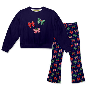 Kids Navy Velour Sweatshirt & Holiday Bows Flare Leggings - Millieloveslily.com