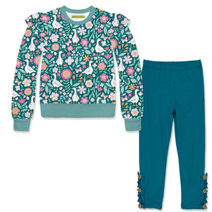 Kids Nile Blue Ducks Sweatshirt & Teal Button Leggings - Millieloveslily.com