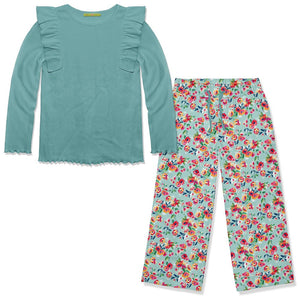 Kids Nile Blue Ribbed Long-Sleeve Top & Julial Foral Wide-Leg Pants - Millieloveslily.com