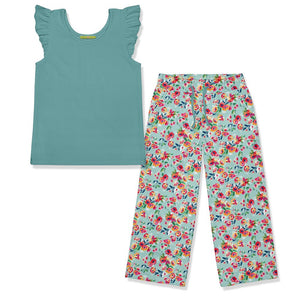 Kids Mint Rib Ruffle Sleeve Top & Matching Floral Wide Leg Pants on a white background, front