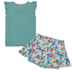 Kids Green Rib Ruffle Sleeveless Top & Tie - Dye Turtles Printed Skort on a white background, front