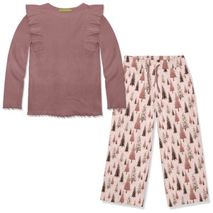 Kids Nostalgia Rose Ribbed Long-Sleeve Top & Crystal Tree Wide-Leg Pants - Millieloveslily.com