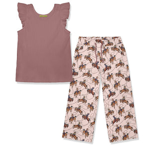 Kids Nostalgia Rose Ribbed Ruffle-Sleeve Top & Rodeo Wide-Leg Pants - Millieloveslily.com