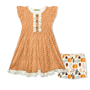 Kids Orange Dot Button-Front Dress & Pumpkin Shorts - Millieloveslily.com
