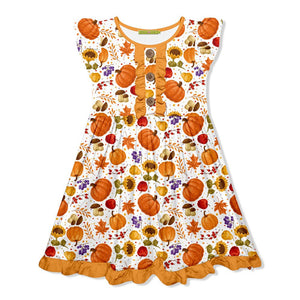 Kids Orange Sunflowers & Pumpkins Button-Front Angel-Sleeve Dress - Millieloveslily.com