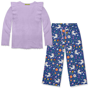 Kids Orchid Petal Ribbed Long-Sleeve Top & Unicorn Prance Wide-Leg Pants - Millieloveslily.com