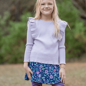 Kids Orchid Petal Ribbed Ruffle Long-Sleeve Top & Floral Skirted Leggings - Millieloveslily.com