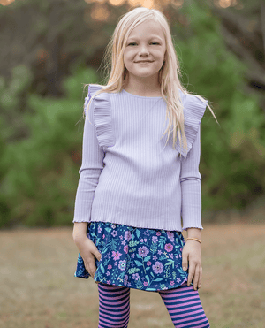 Kids Orchid Petal Ribbed Ruffle Long-Sleeve Top & Floral Skirted Leggings - Millieloveslily.com