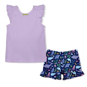 Kids Orchid Rib Top & Sea creatures themed Ruffle Shorts on a white background, front