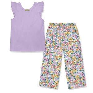 Kids Orchid  Ribbed Ruffle Sleeve Top & Floral Wide Leg Pants on a white background, front