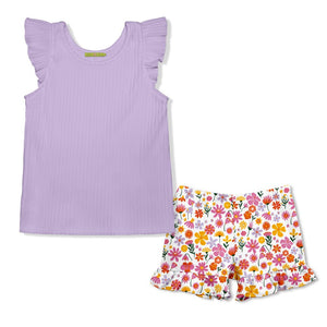 Kids Orchid Petal Ribbed Top & Flower Ruffle Shorts Set - Millieloveslily.com