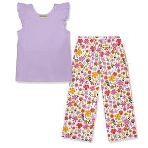 Kids Orchid Petal Ribbed Top & Flower Wide Leg Pants Set - Millieloveslily.com