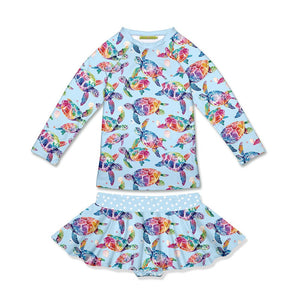 Kids Pale Blue Tie Dye Turtles Long - Sleeve Rashguard Set on a white background, front - Millieloveslily.com
