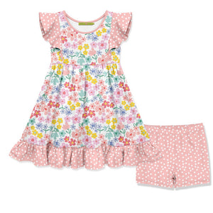 Kids peach  Floral Angel - Sleeve Dress & Shorts sets on a white background, front- Millieloveslily.com