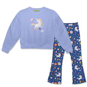 Kids Periwinkle Crewneck Sweatshirt & Lucky Unicorn Flare Leggings - Millieloveslily.com