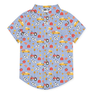Kids Periwinkle Farm Tractor Short - Sleeve Button - Up - Millieloveslily.com