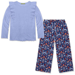 Kids Periwinkle Ribbed Long-Sleeve Top & Darling Deer Wide-Leg Pants - Millieloveslily.com