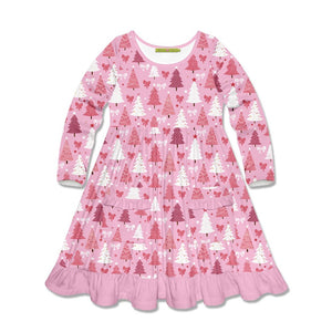 Kids Pink Christmas Trees Patch Pocket Long Sleeve A-Line Dress - Millieloveslily.com