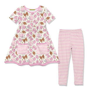 Kids Pink Football&Bows Pocket A-Line Dress & Stripe Leggings - Millieloveslily.com