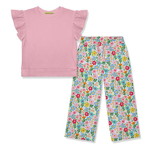 Kids Pink Fr Terry Top & Summer Floral Wide Leg Pants - Millieloveslily.com