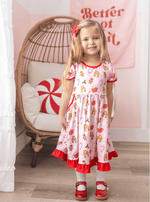 Kids Pink Gingerbread Cap Sleeve Dress & Red Cardigan - Millieloveslily.com