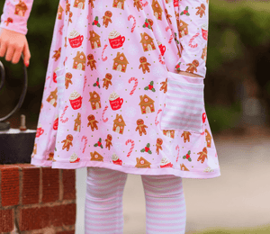 Kids Pink Gingerbread Front Pocket A-Line Dress & Stripe Leggings - Millieloveslily.com