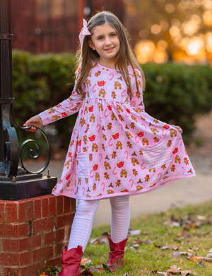 Kids Pink Gingerbread Front Pocket A-Line Dress & Stripe Leggings - Millieloveslily.com