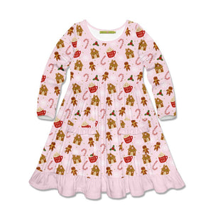 Kids Pink Gingerbread Patch Pocket Long Sleeve A-Line Dress - Millieloveslily.com