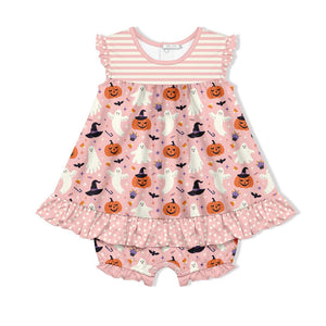 Kids Pink Goblins & Pumpkins Skirted Bubble Romper - Millieloveslily.com