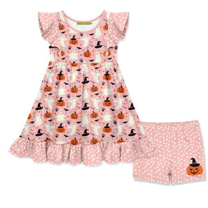 Kids Pink Goblins & Pumpkins Dress & Shorts Set - Millieloveslily.com