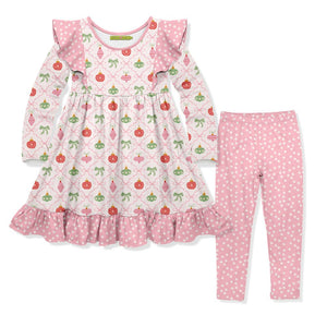 Kids Pink Holiday Ornaments Angel-Sleeve Dress & Dot Leggings Set - Millieloveslily.com