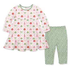 Kids Pink Holiday Ornaments Babydoll Dress & Leggings Set - Millieloveslily.com