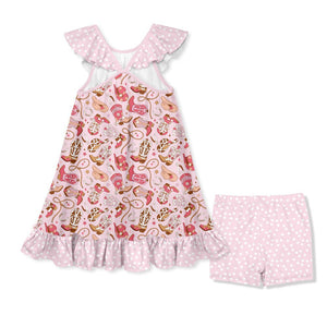 Kids Pink Howdy Ruffle - Hem Yoke Dress & Shorts Set - Millieloveslily.com