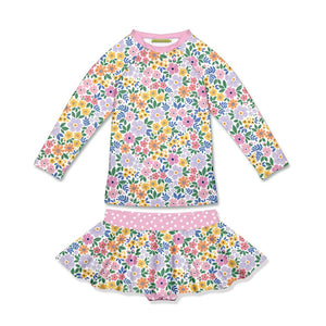 Kids Pink Spring Bouquet Long - Sleeve Rashguard Set on a white background, front - Millieloveslily.com
