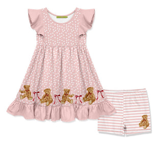 Kids Pink Teddy Bear & Bows Angel-Sleeve Dress & Shorts - Millieloveslily.com
