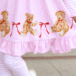 Kids Pink Teddy Bear & Bows Angel-Sleeve Dress & Stripe Leggings - Millieloveslily.com