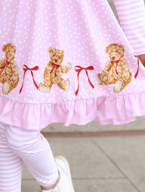 Kids Pink Teddy Bear & Bows Angel-Sleeve Dress & Stripe Leggings - Millieloveslily.com