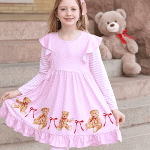 Kids Pink Teddy Bear & Bows Angel-Sleeve Dress & Stripe Leggings - Millieloveslily.com