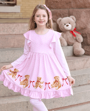 Kids Pink Teddy Bear & Bows Angel-Sleeve Dress & Stripe Leggings - Millieloveslily.com