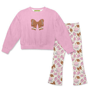 Kids Pink Velour Sweatshirt & Football&Bows Flare Leggings - Millieloveslily.com