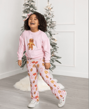 Kids Pink Velour Sweatshirt & Gingerbread Flare Leggings - Millieloveslily.com