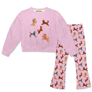 Kids Pink Velour Sweatshirt & Puppies'n Bows Flare Leggings - Millieloveslily.com