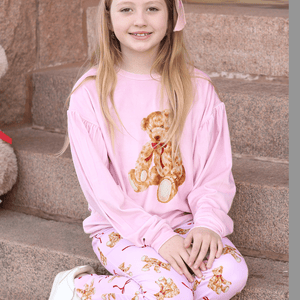 Kids Pink Velour Sweatshirt & Teddy Bear & Bows Flare Leggings - Millieloveslily.com