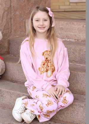 Kids Pink Velour Sweatshirt & Teddy Bear & Bows Flare Leggings - Millieloveslily.com