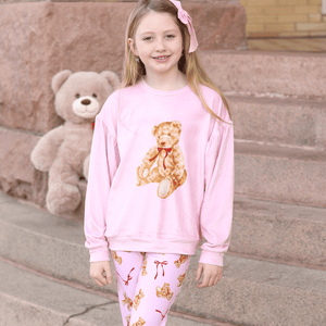 Kids Pink Velour Sweatshirt & Teddy Bear & Bows Flare Leggings - Millieloveslily.com